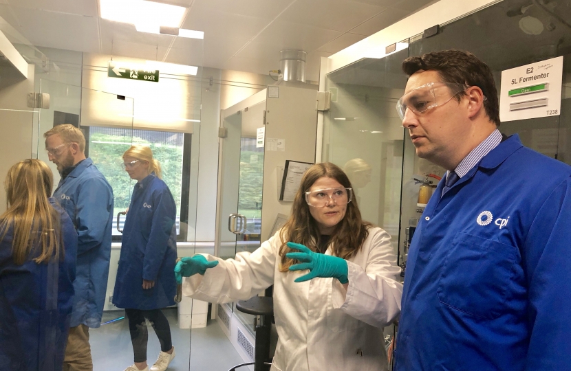 Mayor Houchen speaking to Joanne Neary, Senior Technical Lead in the Fermentation Team in the Industrial Biotechnology and Biorefinery Platform at CPI.