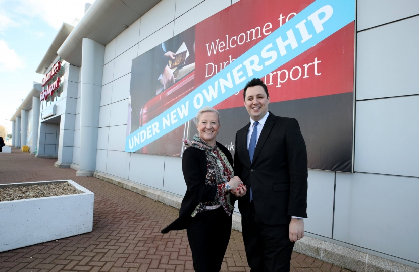 Tees Valley Mayor Ben Houchen with Kate Willard, Director, Stobart Group, at Durham Tees Valley Airport