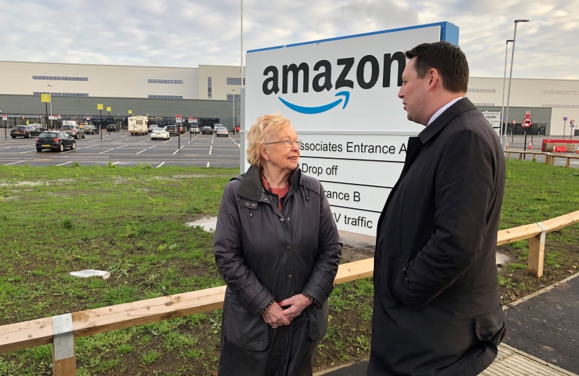 Tees Valley Mayor Ben Houchen and Darlington Borough Council leader Heather Scott outside Amazon's new Darlington fulfilment centre