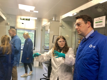 Mayor Houchen speaking to Joanne Neary, Senior Technical Lead in the Fermentation Team in the Industrial Biotechnology and Biorefinery Platform at CPI.