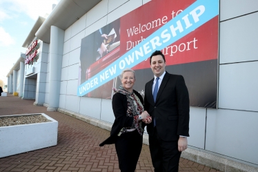 Tees Valley Mayor Ben Houchen with Kate Willard, Director, Stobart Group, at Durham Tees Valley Airport