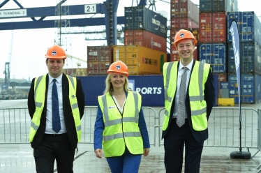 Tees Valley Mayor Ben Houchen with Secretary of State for International Trade Liz Truss MP and Exchequer Secretary to the Treasury Simon Clarke MP