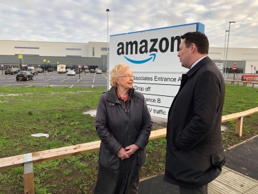 Tees Valley Mayor Ben Houchen and Darlington Borough Council leader Heather Scott outside Amazon's new Darlington fulfilment centre