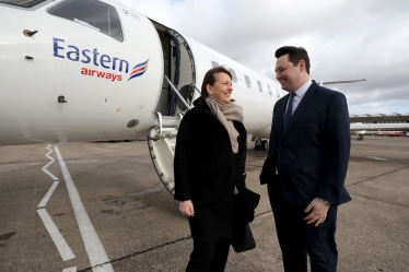 Tees Valley Mayor Ben Houchen greeting the first passenger