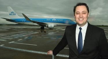 Tees Valley Mayor Ben Houchen with a KLM plane at Teesside International Airport